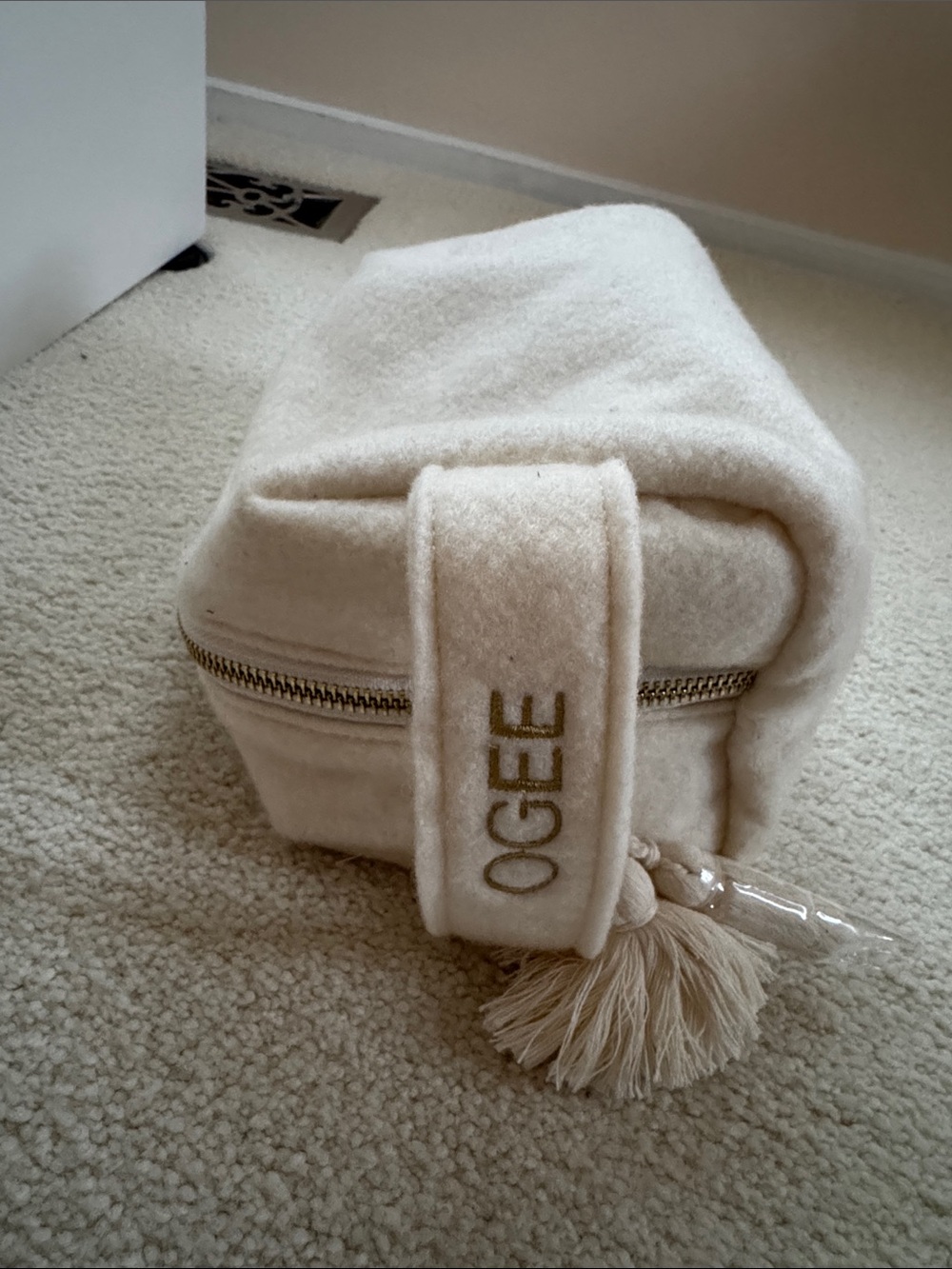 OGEE Cream Sherpa Travel Cosmetic Case with Tassels